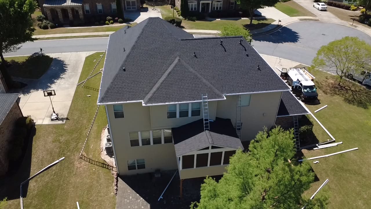 Aerial view of a newly shingled roof